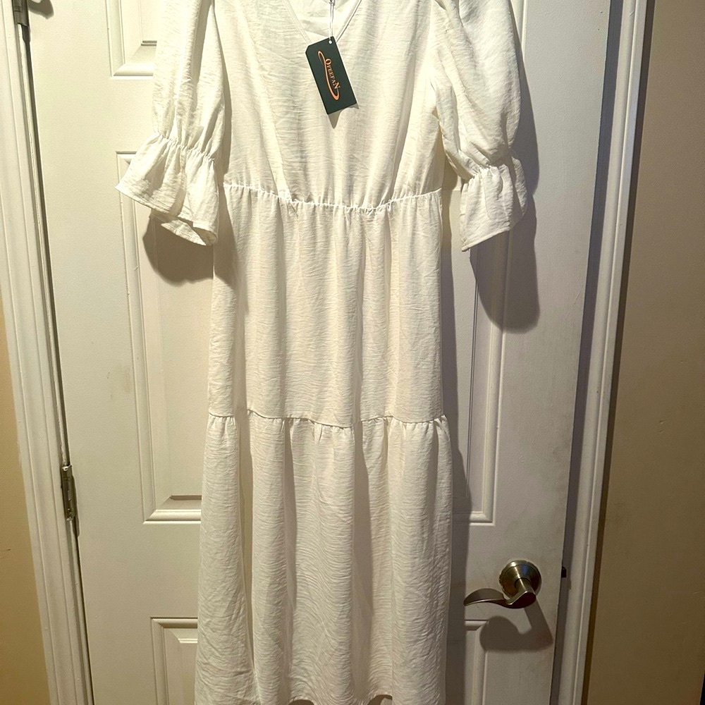 Ofeefan White Ruffled Maxi Sundress with Puff Sleeves Size S